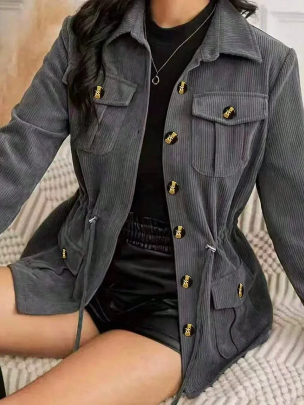 Grey Casual Women's Corduroy Shacket with Drawstring Waist and Button-Up Collar